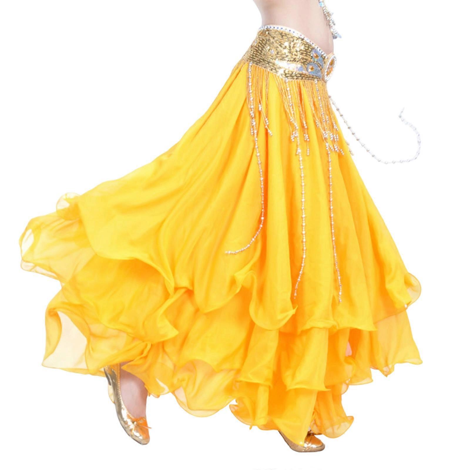 Stage Ready Belly Dance Skirt 3 Layer Chiffons Rolled Hem Flared Cut Breathable Polyester Multi Color Option  Yellow A