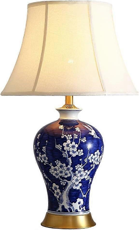 Blue and White Porcelain Table Lamp with Fabric Shade, Copper Base, Mid Century Retro Bedside Light