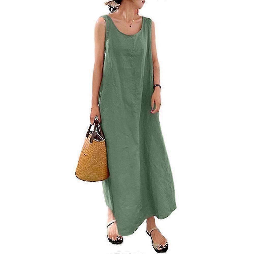 Femmes Sans Manches Coton Lin Look Robe D’été Maxi Robe De Plage D’été Plus Size-Yvan