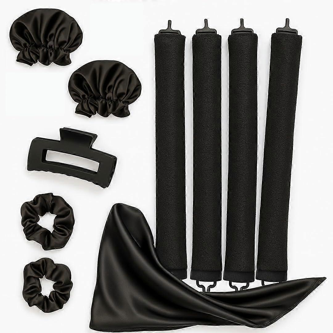 Heatless Hair Curlers Set with Satin Foam Jumbo Rods for Overnight Styling on All Hair Types Black