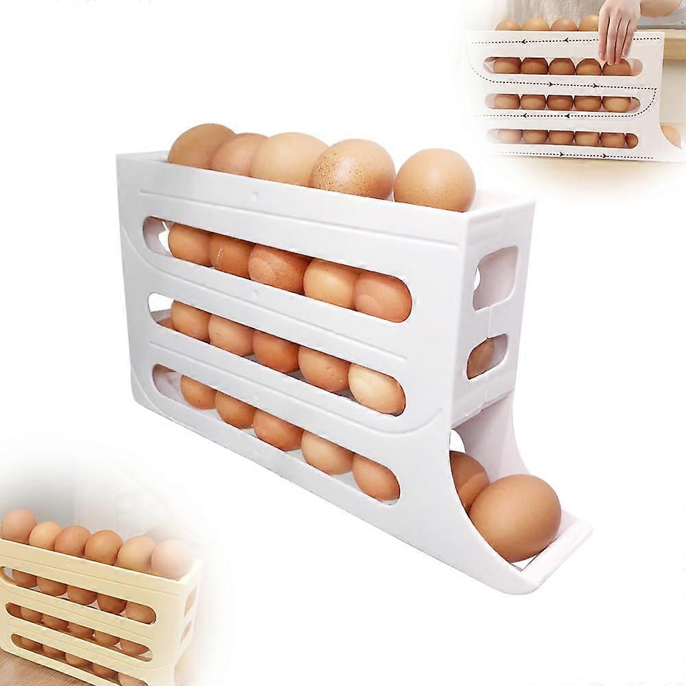 4 Tier Egg Holder for Fridge, Large Capacity Stackable Egg Organizer for Refrigerator, Automatic Rolling Dispenser, Holds 30 Eggs, White