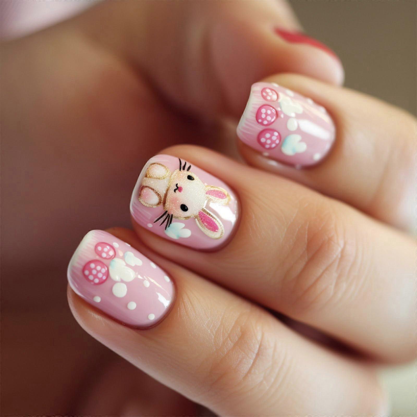 24pcs Short Square Press On Nails with Easter Bunny Acrylic Design, Full Cover, Easy Application