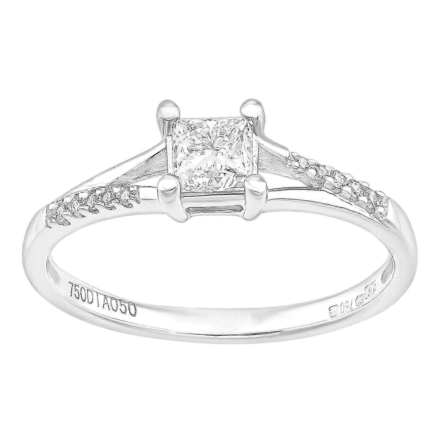 Jewelco London 18ct White Gold Princess 0.47ct Diamond Round 3pts Diamond Split Shoulder Pave Solitaire Ring