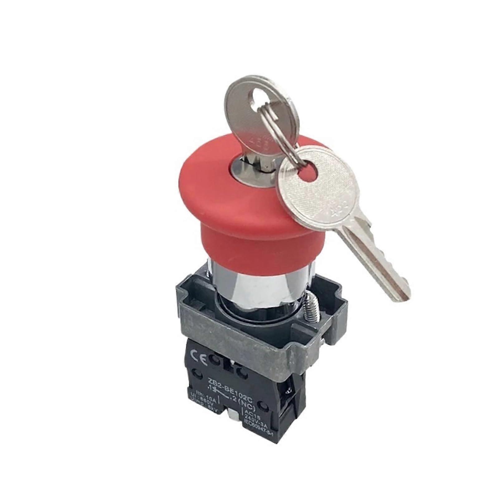 22mm Emergency Stop Button with Key, Red Mushroom Head SelfLocking Safety Switch for Electrical Control