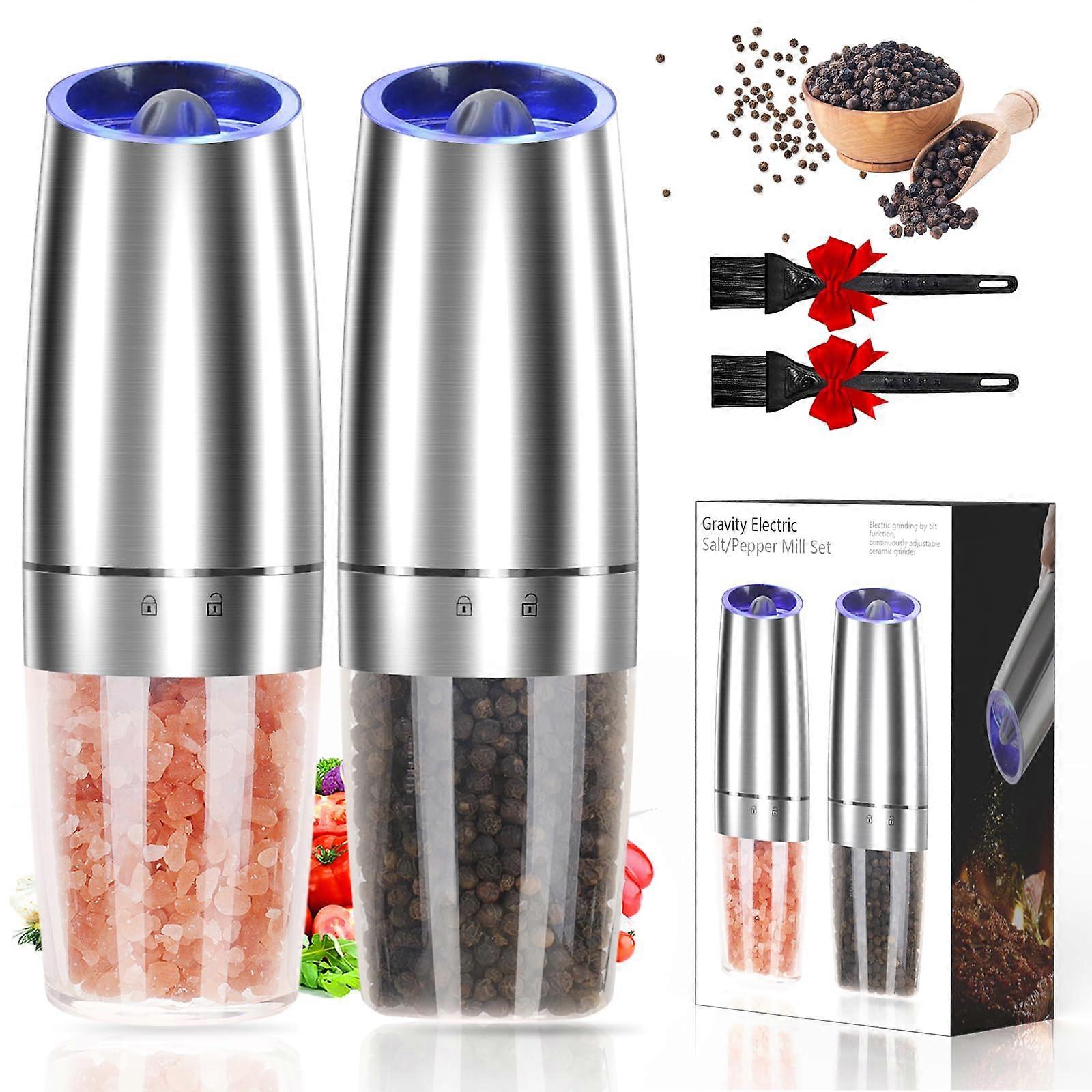 Electric Gravity Salt and Pepper Grinder Set with Adjustable Coarseness and LED Light, Silver 2 Pack