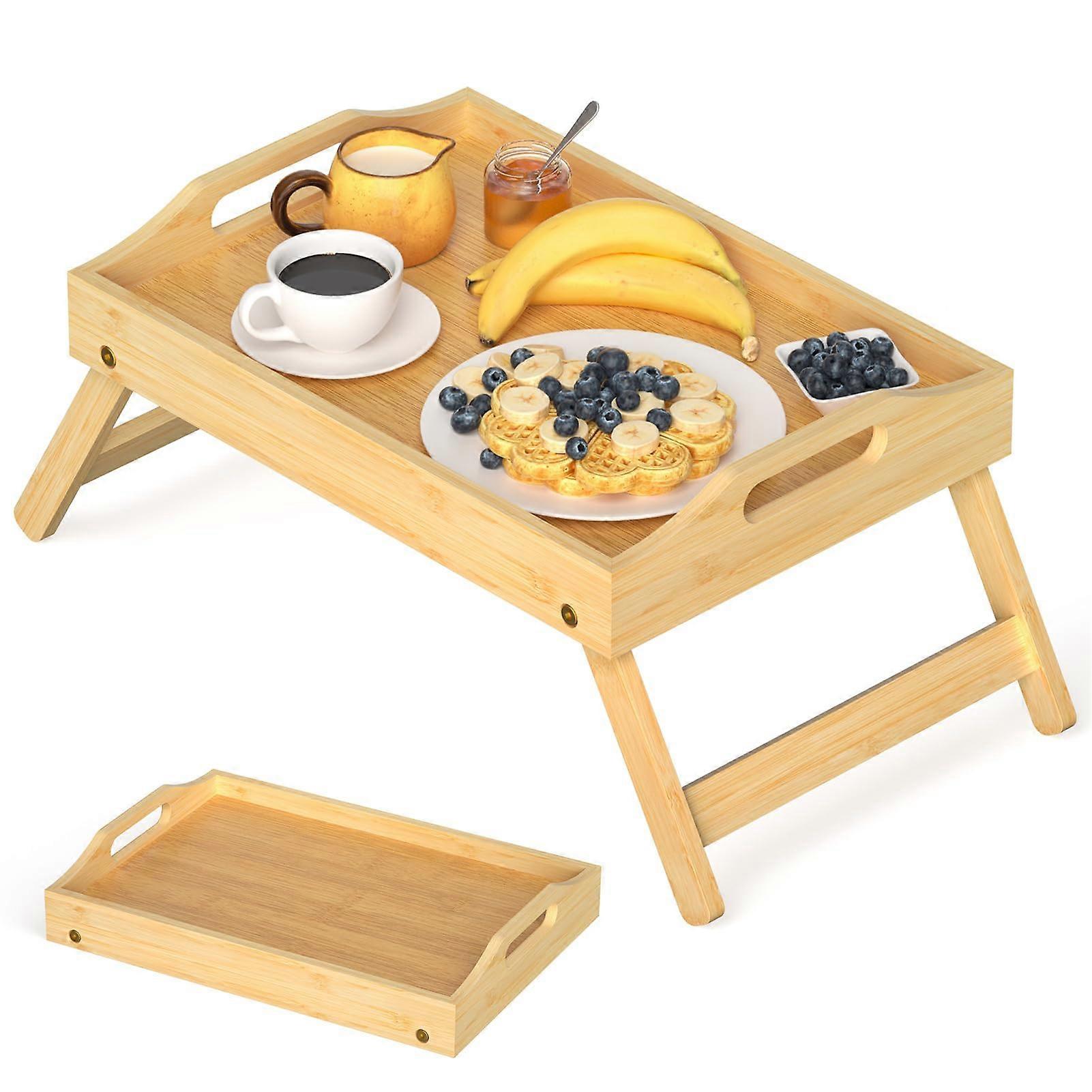 Breakfast Bed Tray Bamboo Serving Table with Foldable Legs and Handles for Sofa Picnic Eating