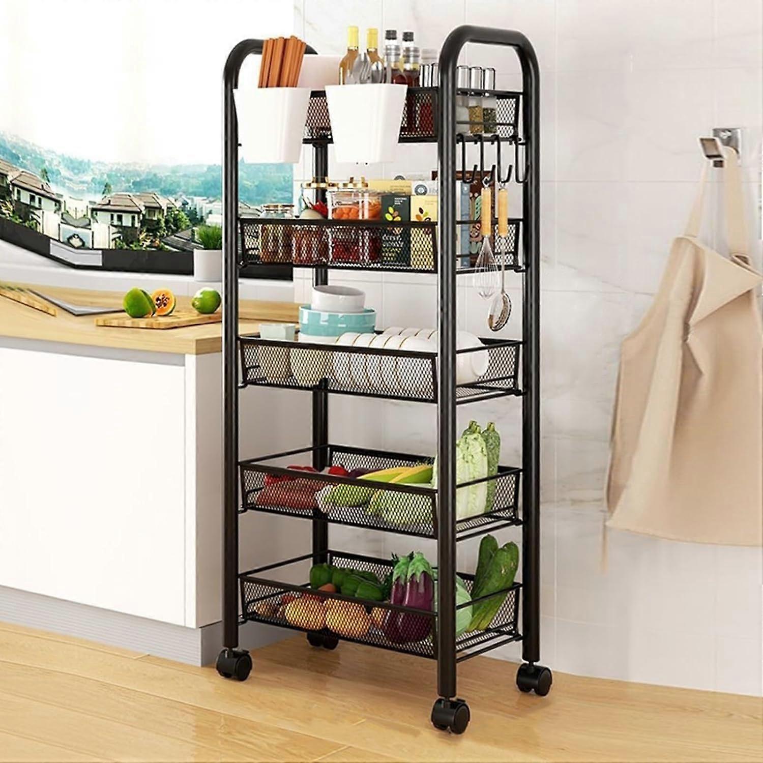 5 Tier Metal Mesh Vegetable Storage Rack with Wheels, Stackable Kitchen Organizer Cart