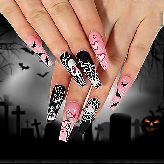 Halloween Press On Nails 24pcs Long Acrylic Fake Nails Ghost Spider Web Matte Square Reusable Set