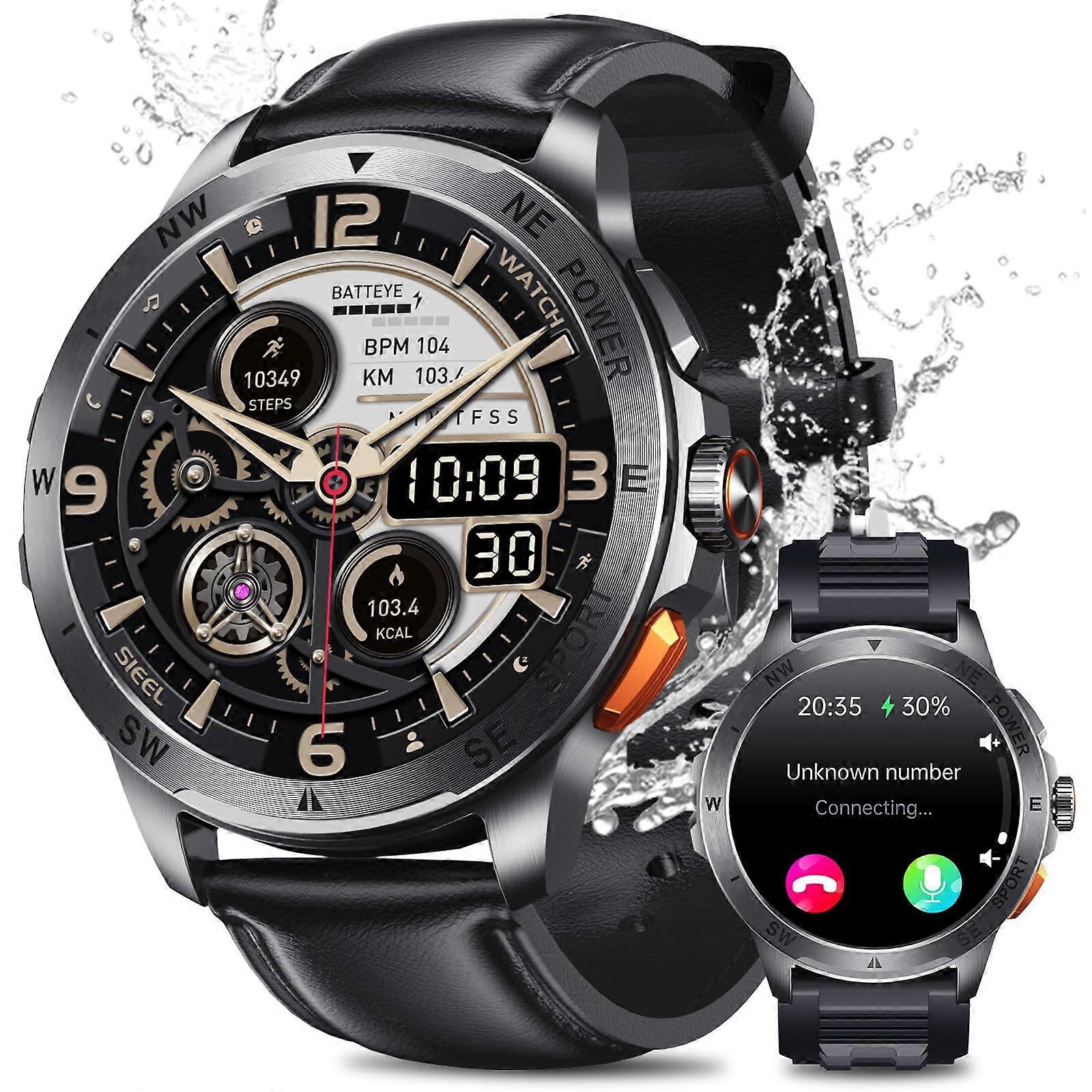 Smart Watch for Men with Call Function, AMOLED Display, Health Tracking, Leather Strap, Compatible with iPhone and Android