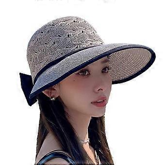Hollow Out Round Dome Straw Hat Back Bowknot Decor Folding Wide Large Brim Pure Color Beach Hat 26-27