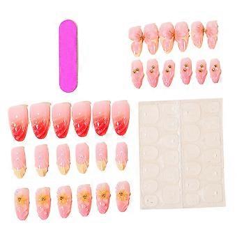 Press On Party Style Manicure Nail Set 30 Piece Almond Shape Fingernail With Pink Cream Flower Design and Bead Detail False Manicure Nail Multicolor