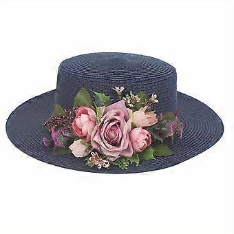 Ladies Handmade Floral Flat Top Paper Straw Hat, Solid Color Elegant Beach Travel Sun Hat