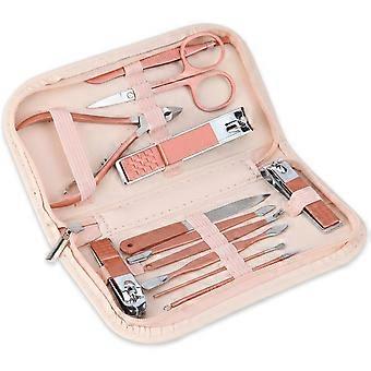 Ensemble de manucure portable 12 en 1 comprenant un coupe-ongles et des outils de beauté, avec une pochette en cuir rose. Idéal pour la maison, le bureau, les voyages et comme cadeau.