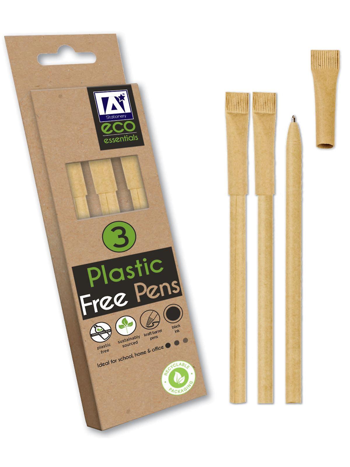 Pack 3 Eco Friendly Plastic Free Kraft Barrel Pens Black Ink
