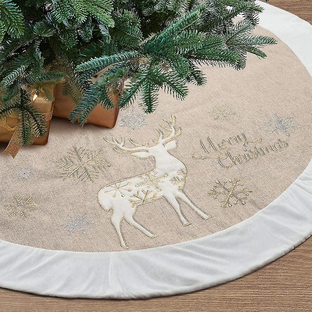 48" Christmas Tree Skirt Burlap Embroidery Reindeer Tree Skirt
