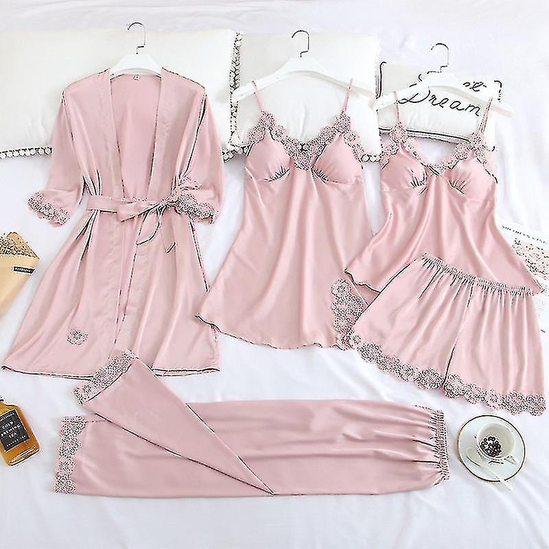 Kvinnlig pyjamas Set 5st Sovkläder Sexig spets Bekväma sovkläder Loungewear#gul