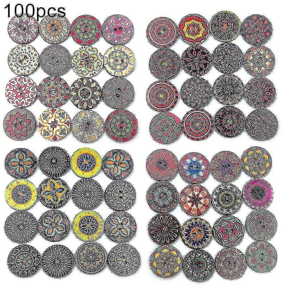 100 Pcs Bohemian Style Retro Pattern Round Shape Wooden Buttons Clothing Decor