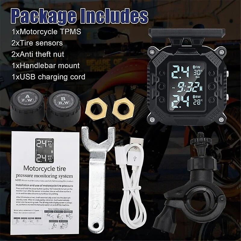 Motorcycle Tpms Tire Tyre Pressure Monitor Alarm System Tpms With 2 External Sensors Automovil Usb Solar Powered Car Accessories