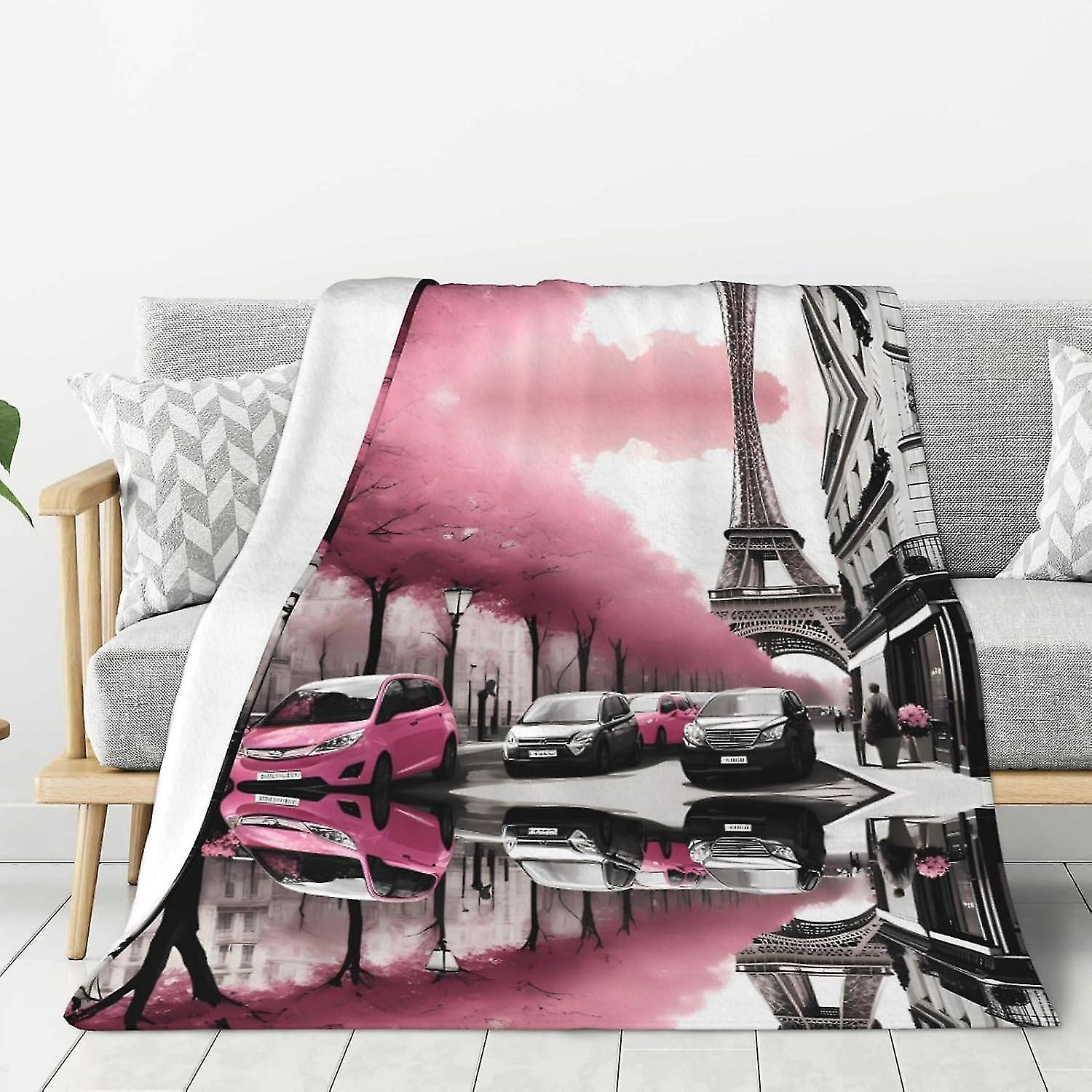 Paris Street Eiffel Tower Pink Floral Pattern Thicken Flannel Blanket 40"x30" : Lightweight, Warm And Durable, Super Soft And Feels Great