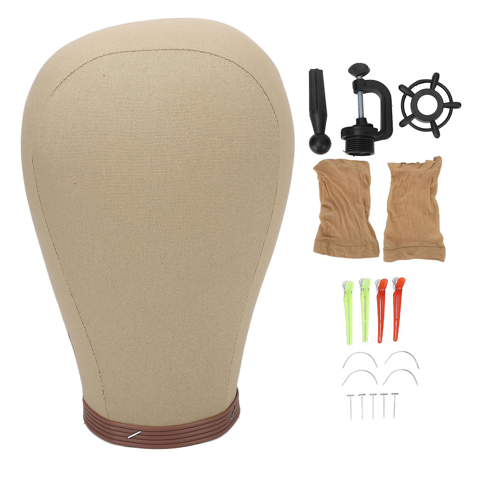 Canvas block head set with stand, pinnable for making wigs, display styling mannequin, 21in.