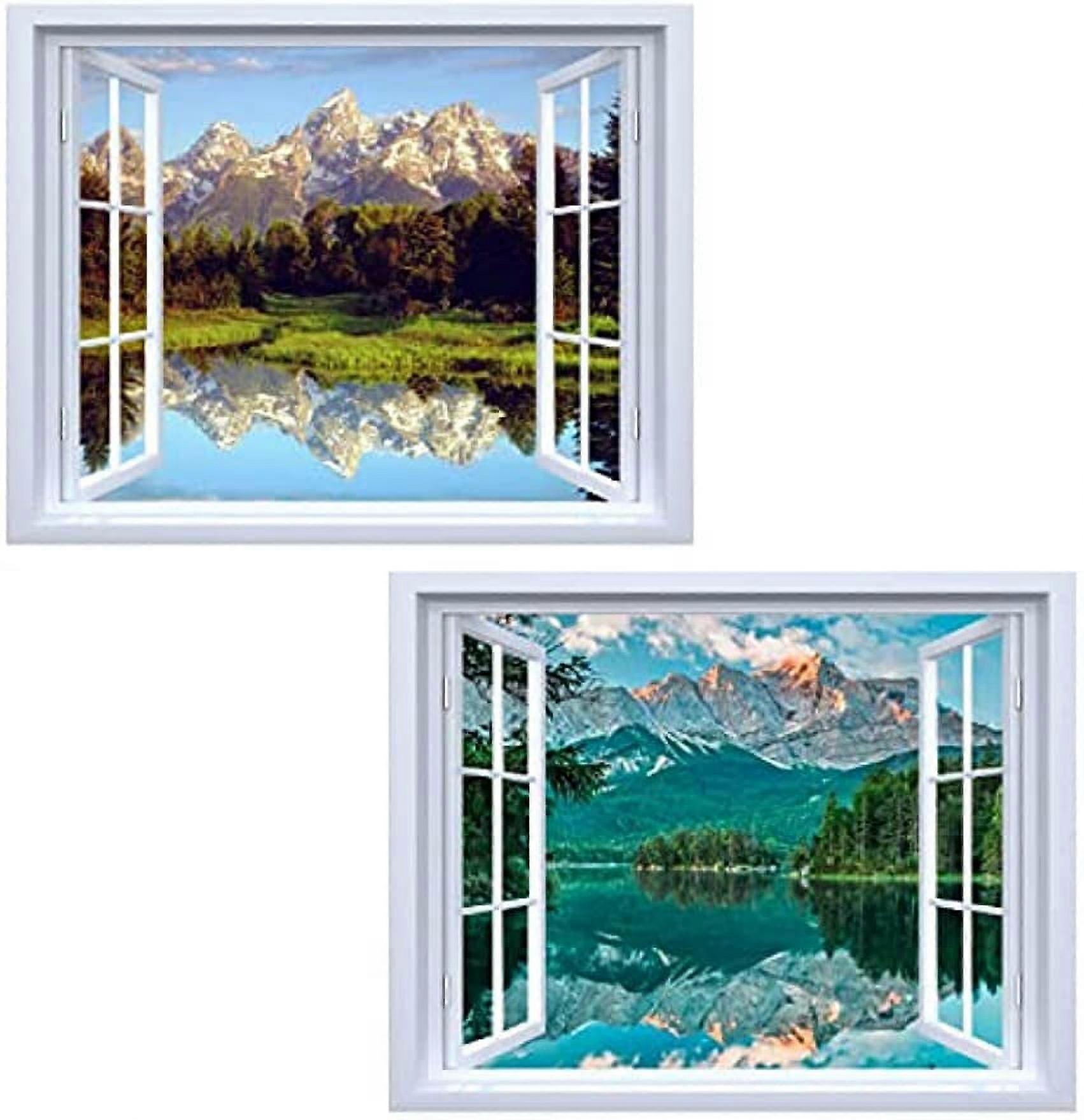 2PCS Natural Landscape Window Scene Wall Decal 3D Forest Lake Creative Window View Stickers Window Scenery Decor