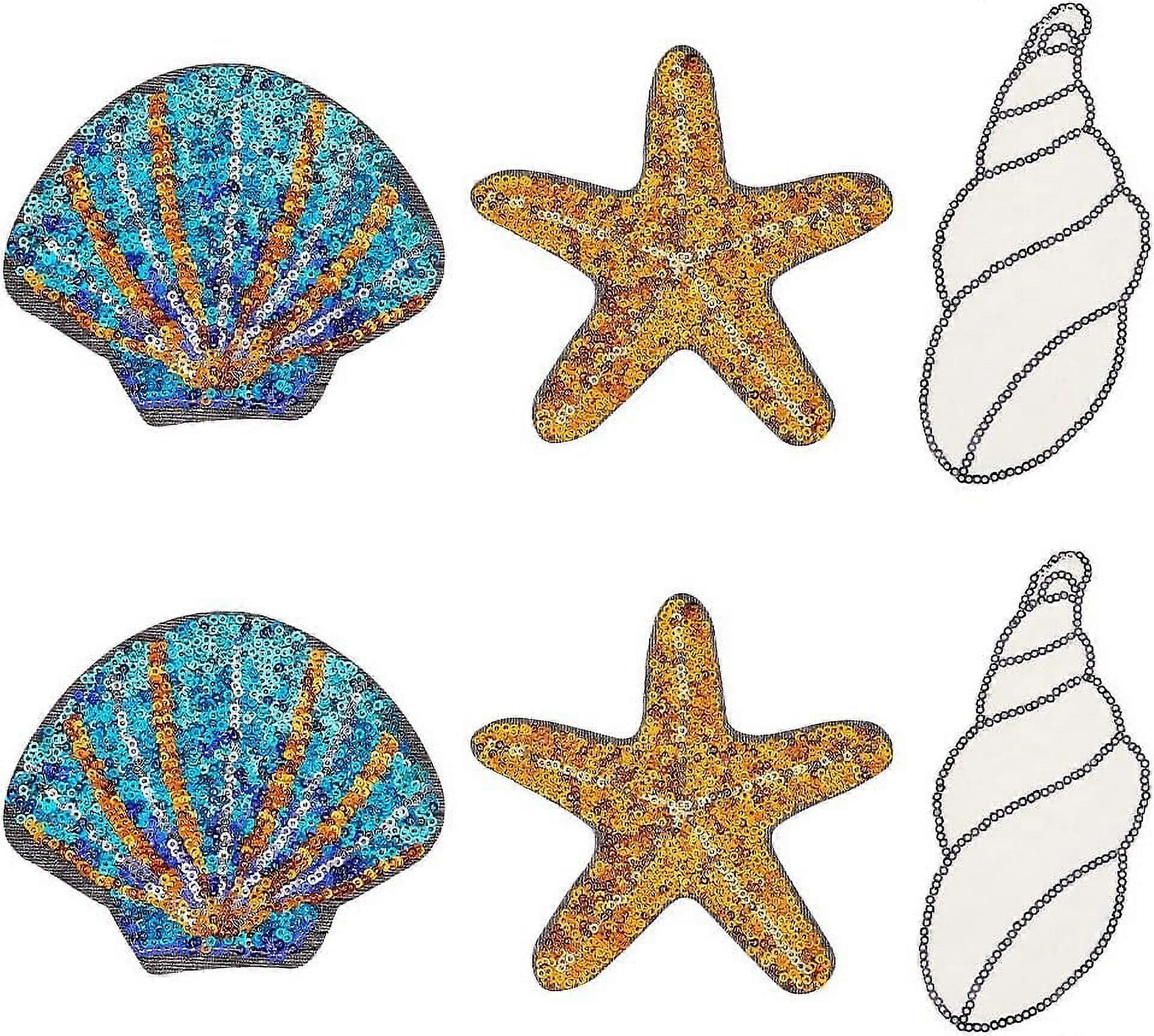6pcs Starfish Shell Conch Shape Sequin Applique Glitter Starfish Iron on Patches Conch Hot Glue Cloth Patches Sew On Sequined Patch for Clothing Repai