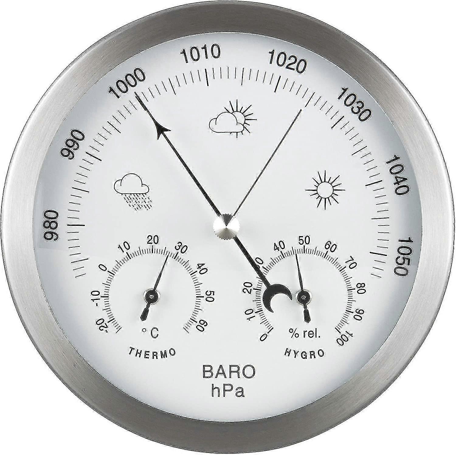 Barometer værstasjon 3-i-1 rustfritt stålramme 14 cm termometer