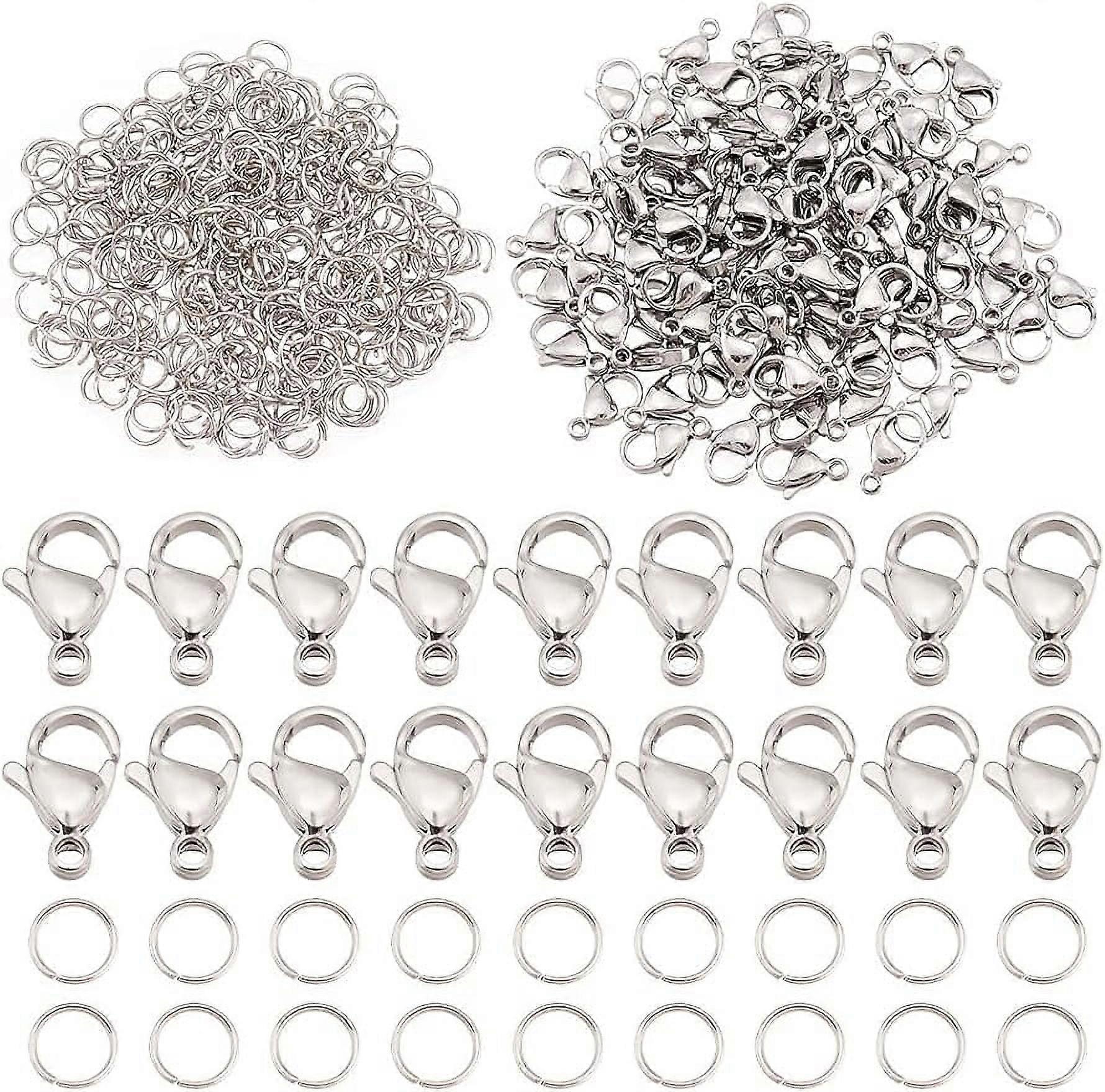 100Pcs 304 Stainless Steel Lobster Claw Clasps Metal Lobster Clasps with 300Pcs 5mm Open Jump Rings for Earrings Crafts