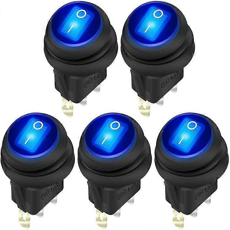 12V 20A Waterproof Rocker Switch Blue LED Lighted Round ON Off 3 Pin 12 Volt Weatherproof Illuminated Toggle for Marine Car RV Truck -5Pack