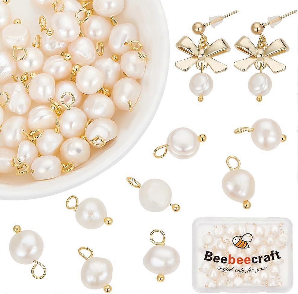 1 Box 40Pcs Pearl Oval Charms Freshwater Natural Cultured White Pendants with Golden Brass Ball Head Pins for DIY Bracelet Necklace Jewellery Making