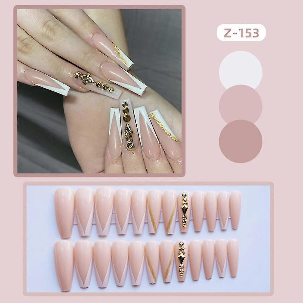 24pcs Super Long Press On Nails Cute Gold Gems Design Full Coverage Nails