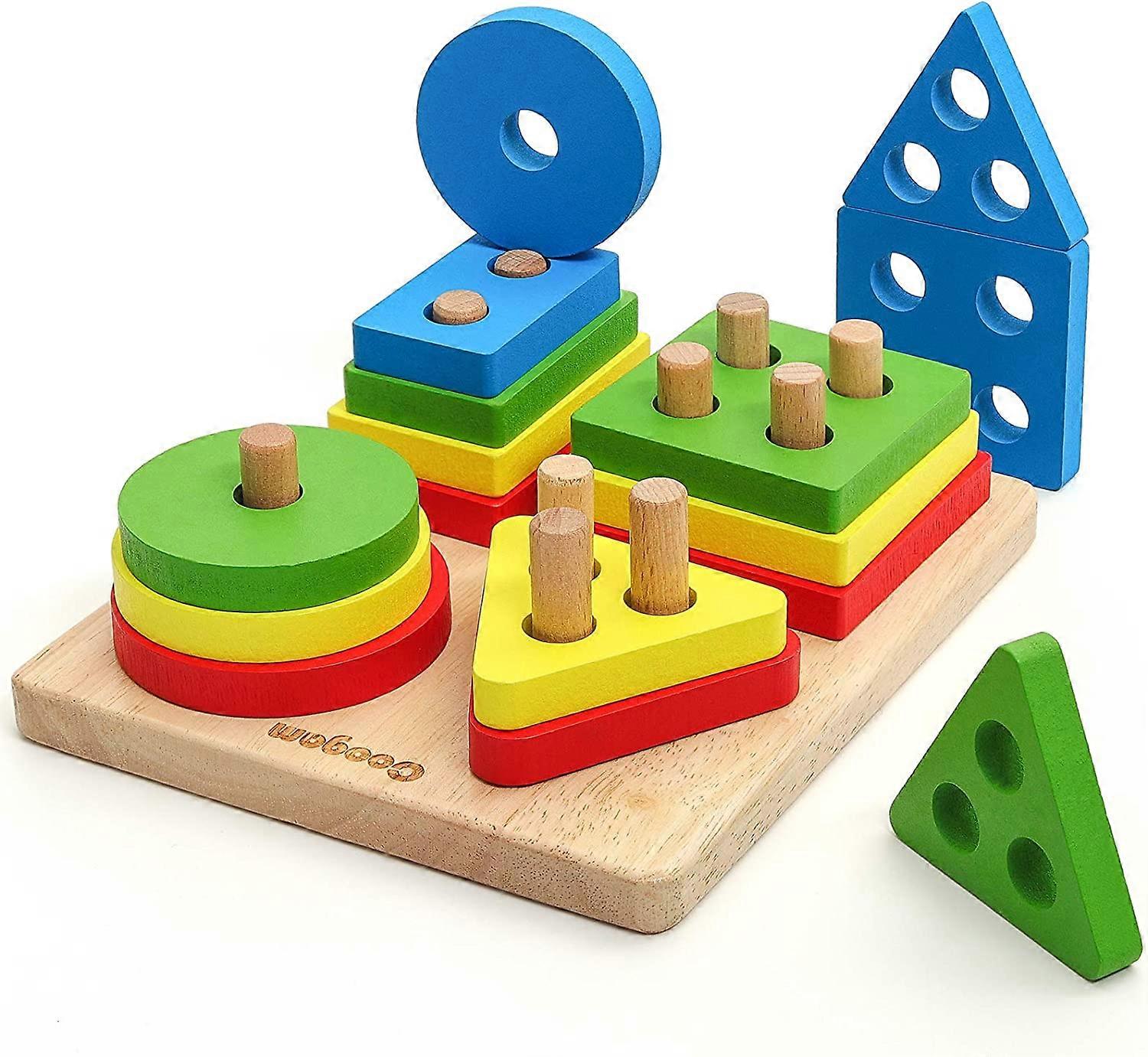 Wooden Sorting Stacking Toys, Shape Color Recognition Blocks Matching Puzzle, Fine Motor Skill Educational Preschool Learning Board Game Gift for Kids