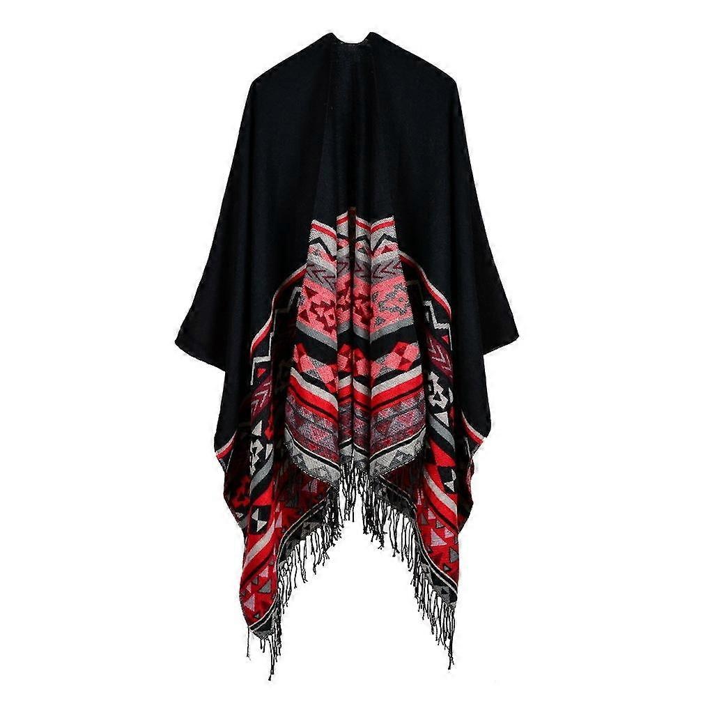 Women's Dual Sided Poncho Long Capes Blanket Shawl Wrap Cardigan Coat Cashmere Feel with Geometric Pattern