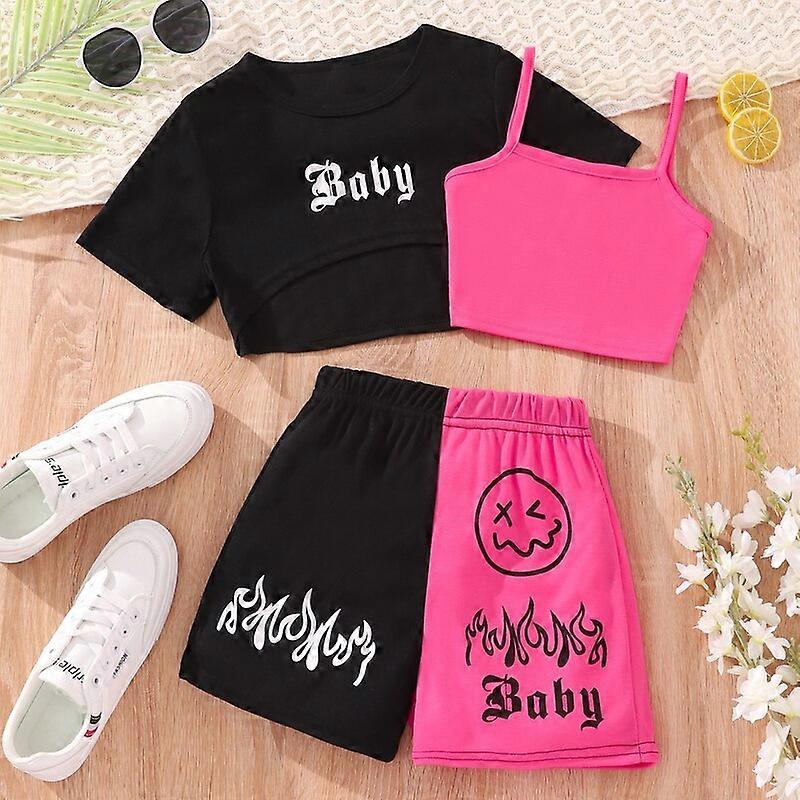 Lasten kesämuoti kolmiosainen puku, jossa lyhyet hihat ja värikontrasti englantilainen aakkospuku