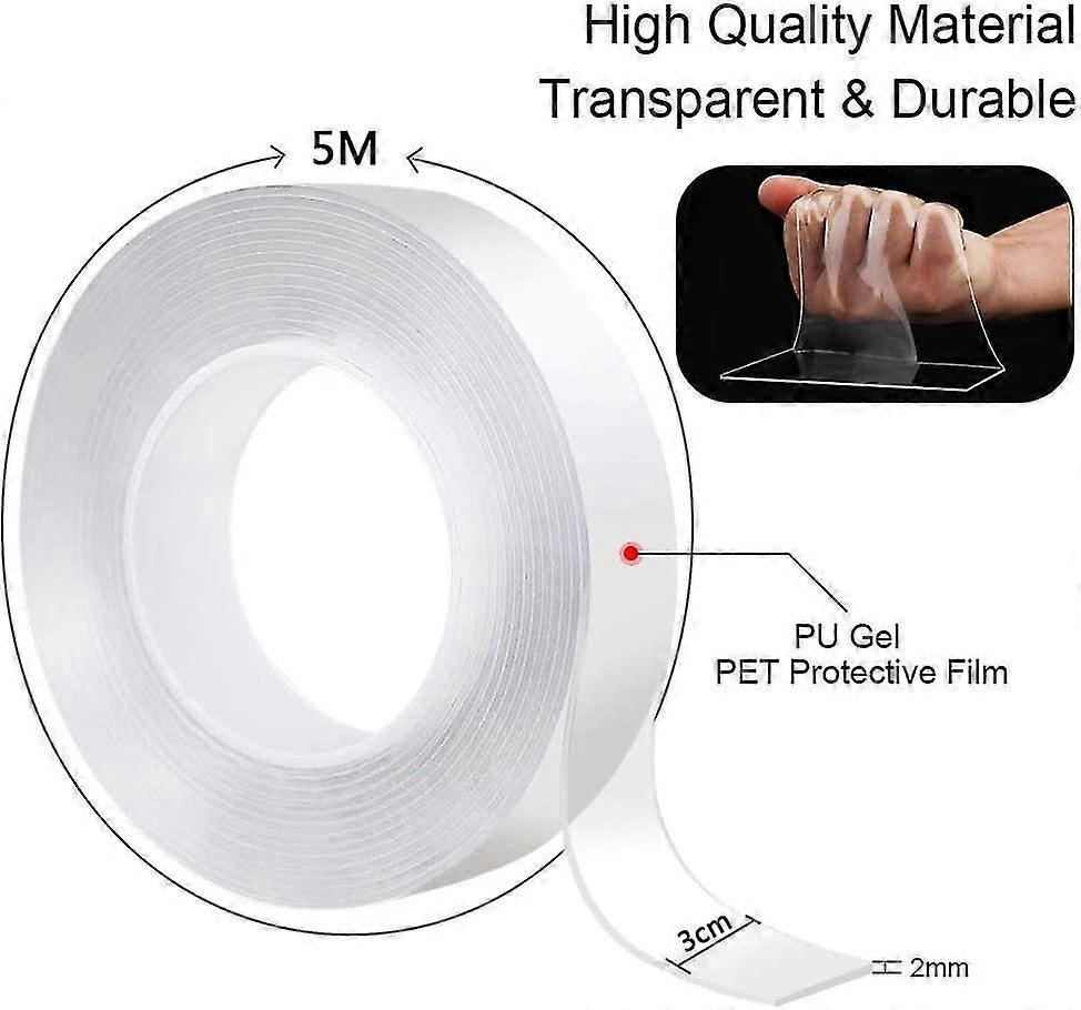 Washable Traceless Tape, Nano Double Sided Adhesive Tape Transparent Removable Reusable Adhesive Strips