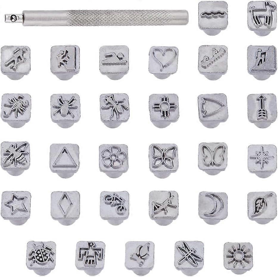 皮革冲压工具套装 31 件皮革雕刻印章和手柄铂金合金皮革雕刻工具太阳/昆虫/花朵图案皮革艺术工艺