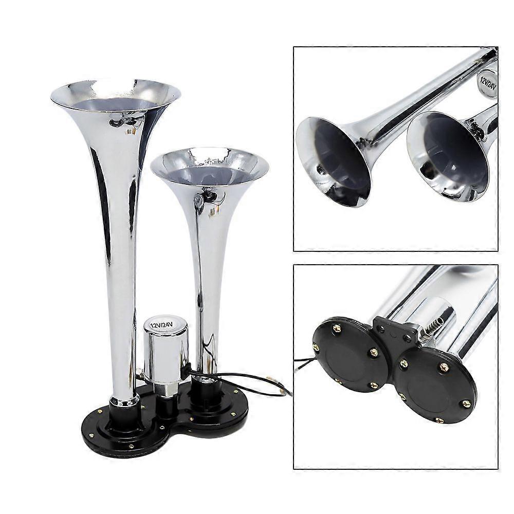 thumbnail image 2 of Chrome 17.5" Triple Trumpet Air Horn Kit – Train Horn For Semi Truck, Boat, RV – 135 DB LOUD 2 of 4