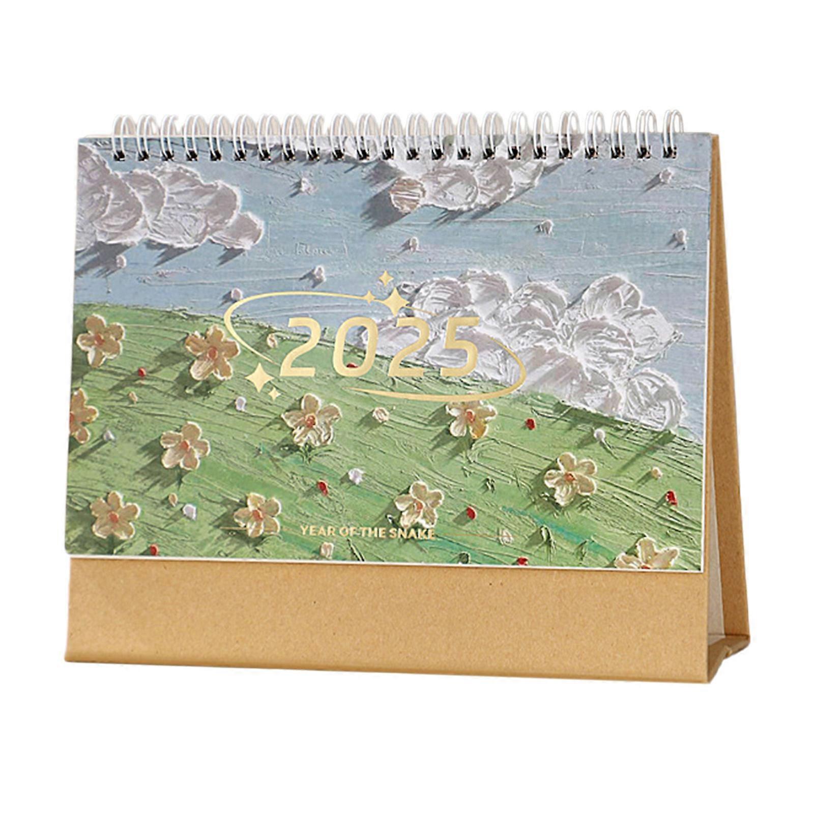 2025 Tabletop Monthly Calendar Twin Coil Binding Watercolor Painting Calendar with Note Space for School and Office