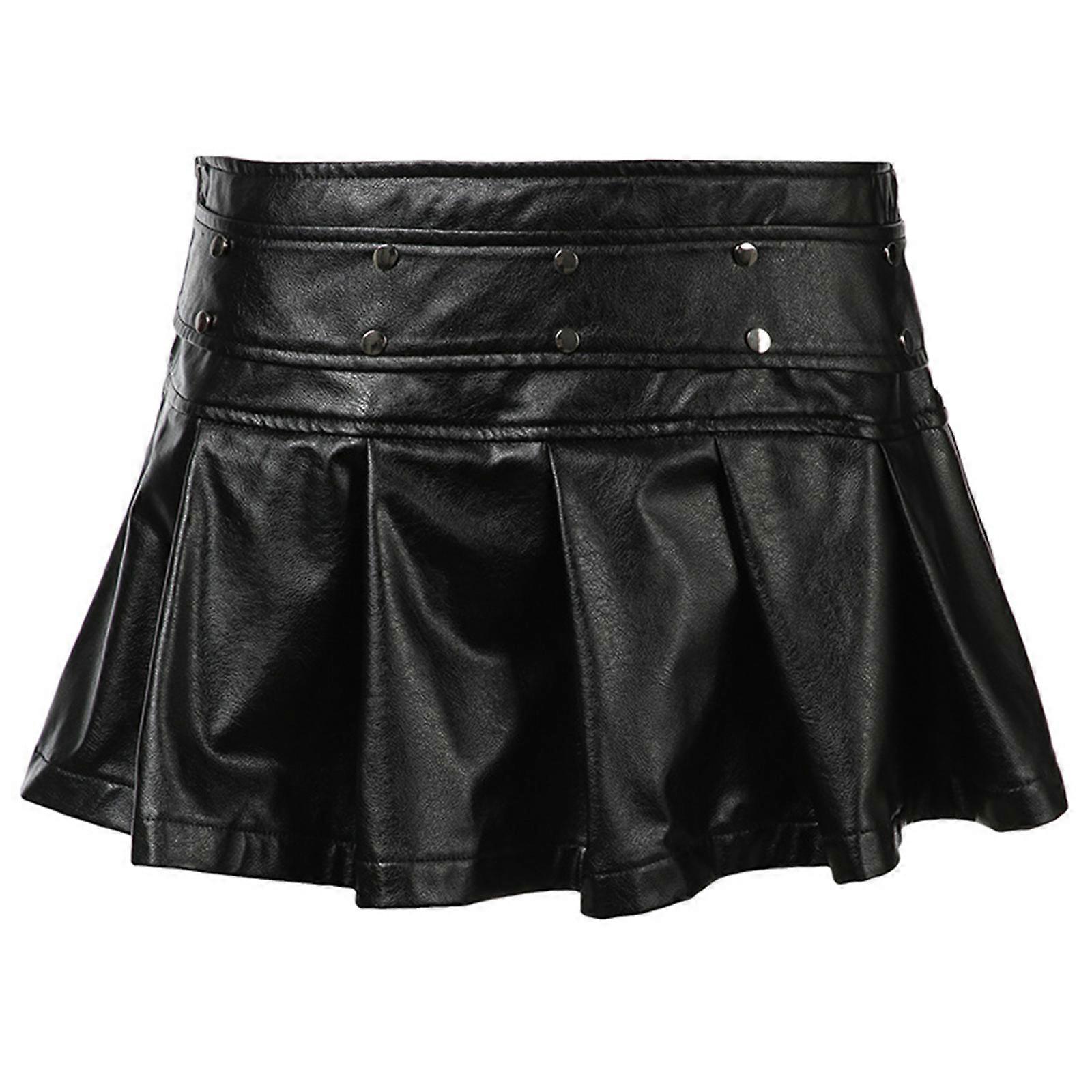 Womens Punk Rivets PU Faux Leather Pleated A-Line Mini Skirt Club