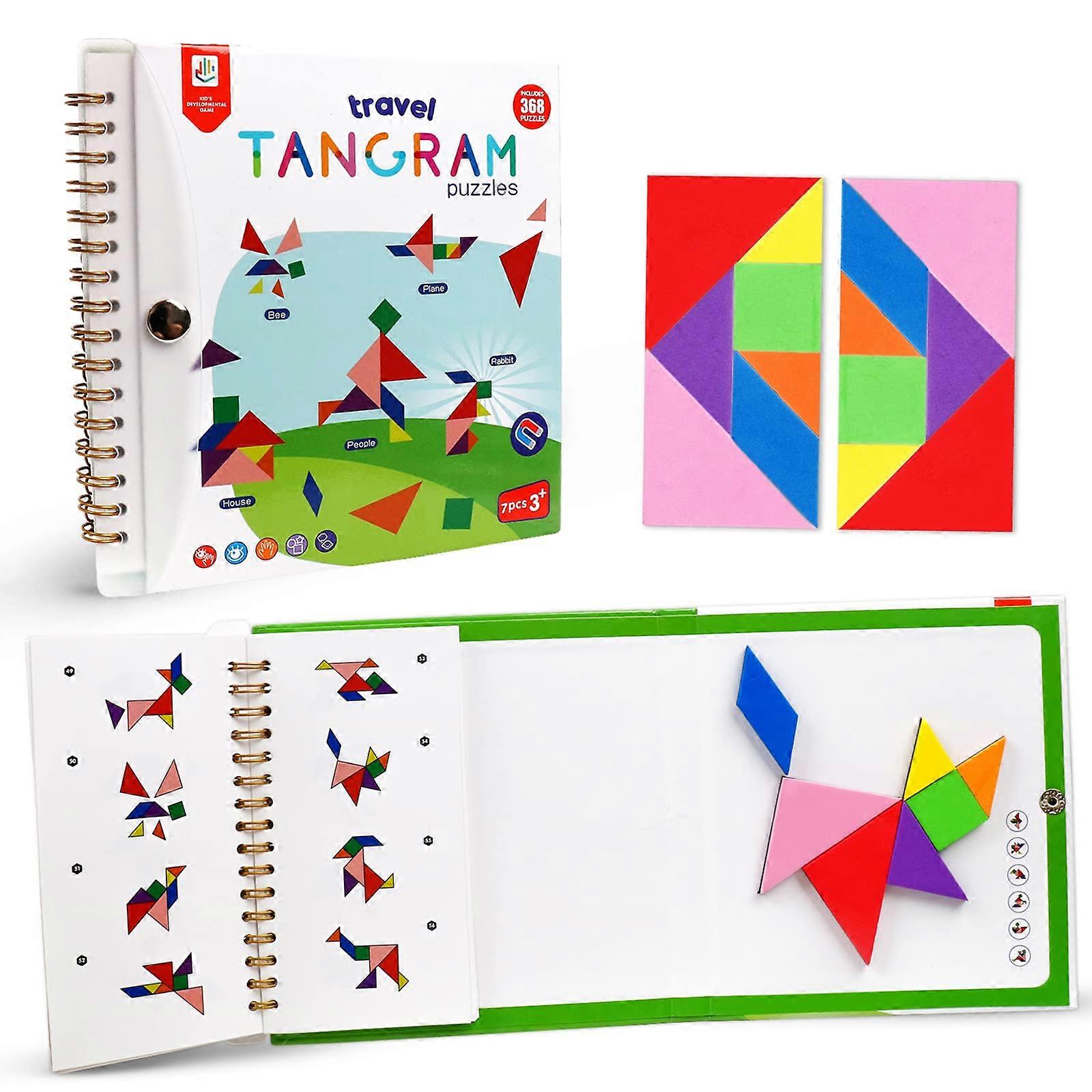 Travel Tangram Puzzle Set with 2 Magnetic Pattern Blocks for Kids and Adults, Educational Jigsaw Game for Road Trips, 368 Solutions