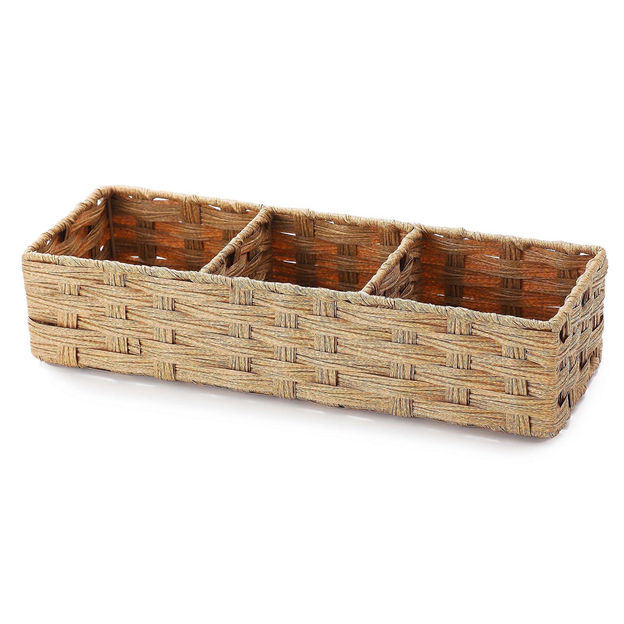 Toilet Tank Topper Paper Basket Hand Woven Multiuse Wicker Storage Bin with Divider for Rustic Farmhouse Bathroom Light Yellow