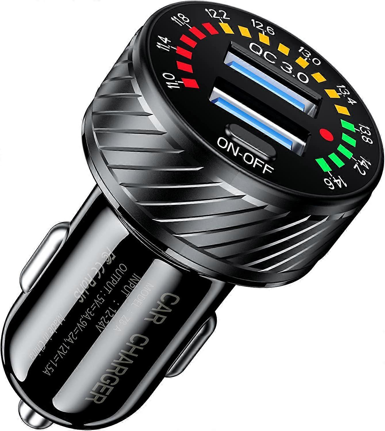 Autoladegerät, 36W 3A Schnelllade-Autoladeadapter, Dual-QC3.0-Port-USB-Autotelefon-Ladegerät mit buntem Voltmeter und EIN/AUS-Schalter