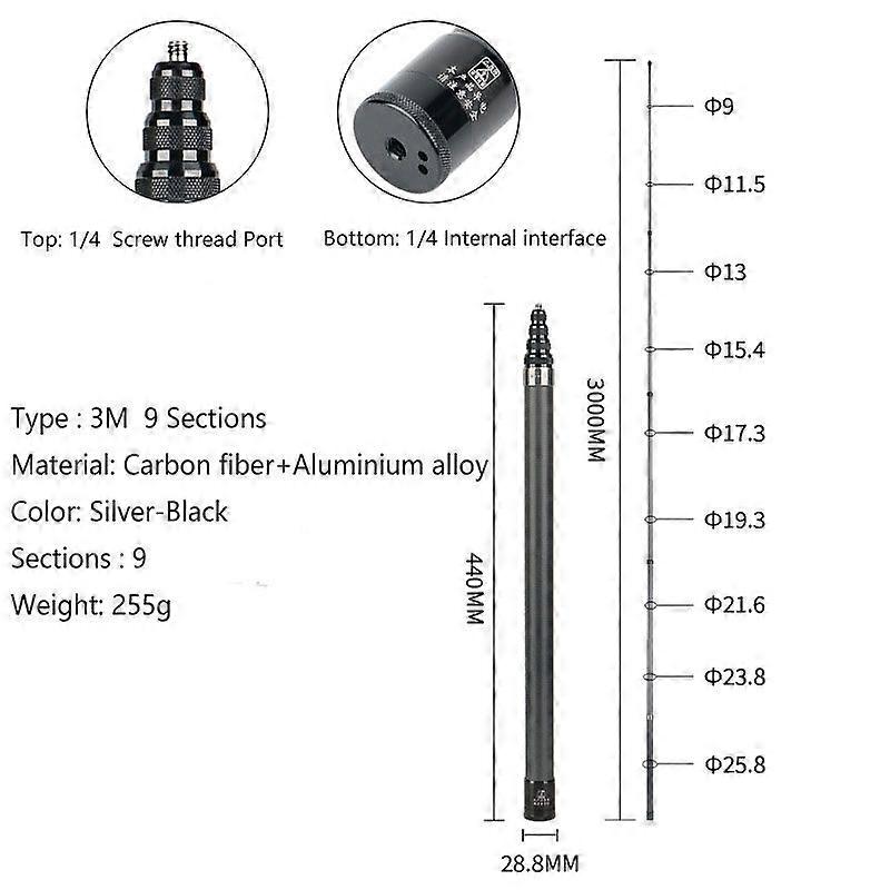 Invisible Selfie Stick For Insta360 X3/Action 3/Gopro Carbon Fiber 3M Invisible Extended Edition Selfie Stick Cameras Accessory