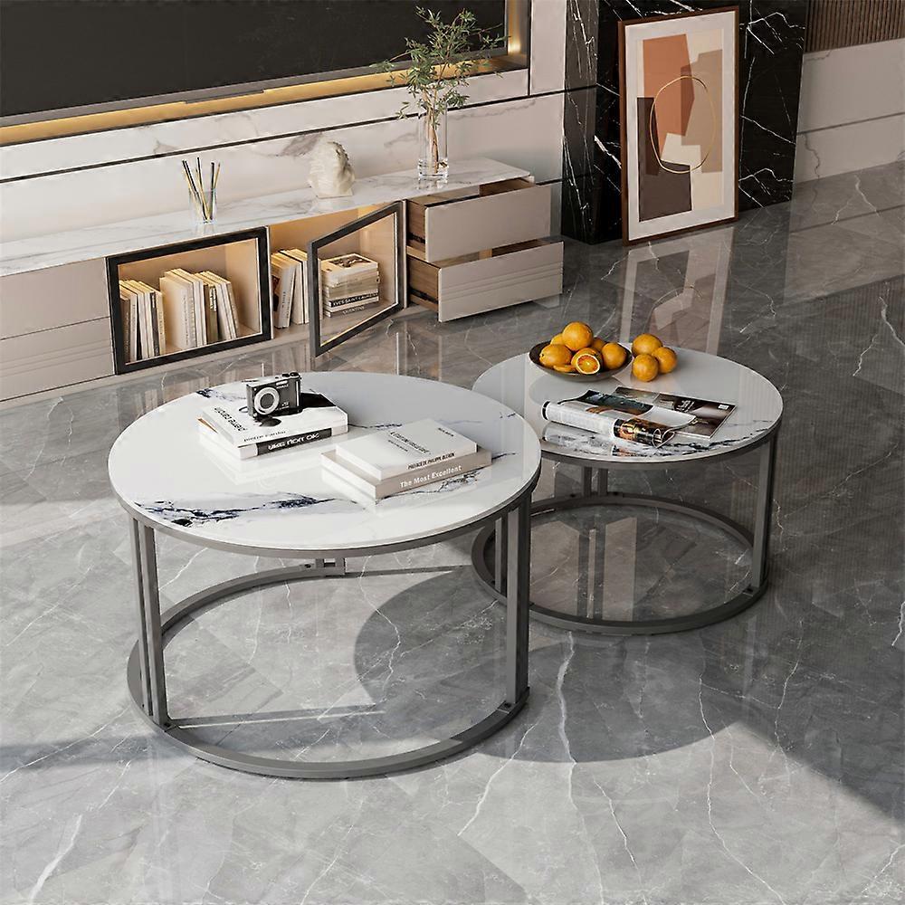 Round Nesting Coffee Table Set of 2 Glossy Marble Side End Table with Aluminium Alloy Frame Living Room Furniture