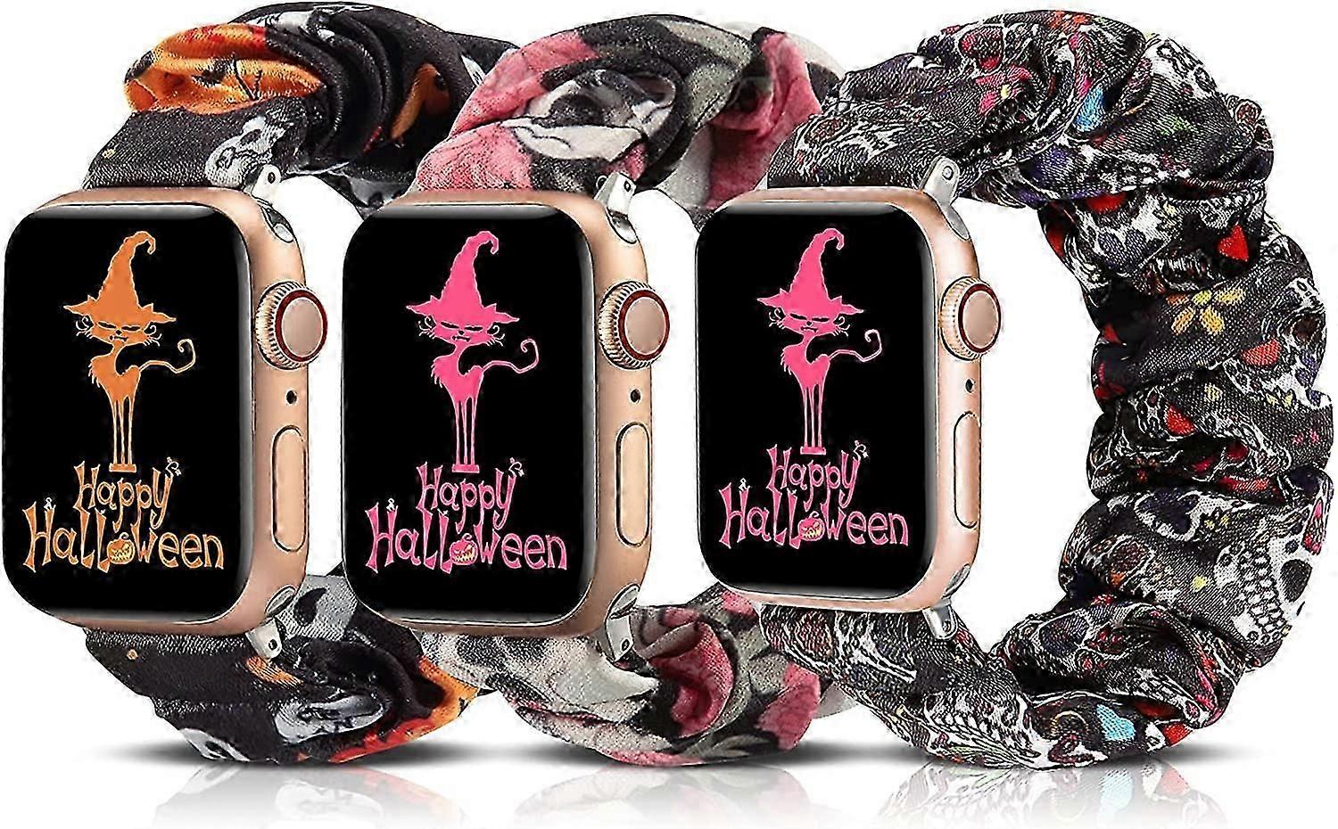 3 Packs Compatible with Apple Watch Band Halloween Scrunchies 42mm Cloth Soft Pattern Printed Fabric Bracelet Women IWatch Elastic Scrunchy Bands 44mm