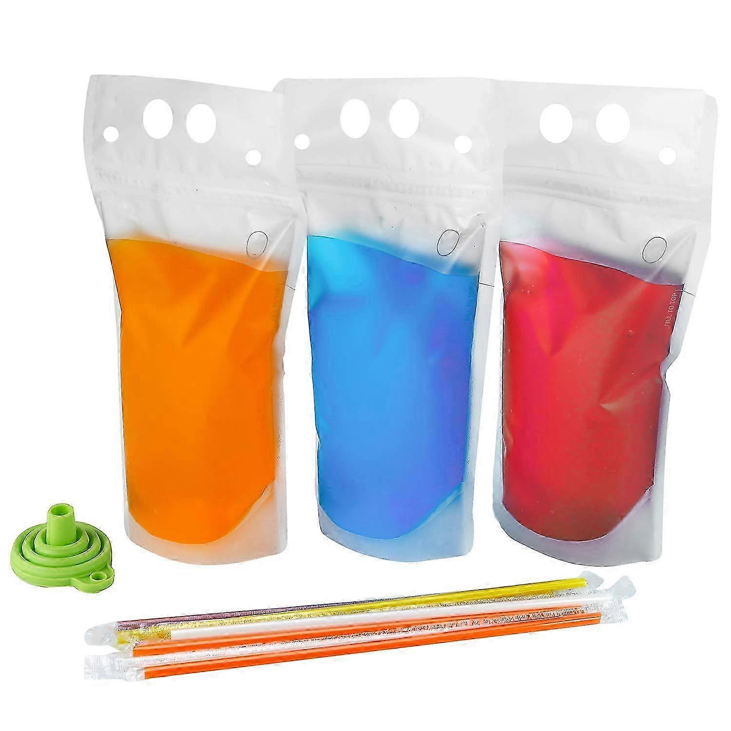 100PCS Reusable Drink Pouches with Straw for Smoothies, Juice & Adult Beverages