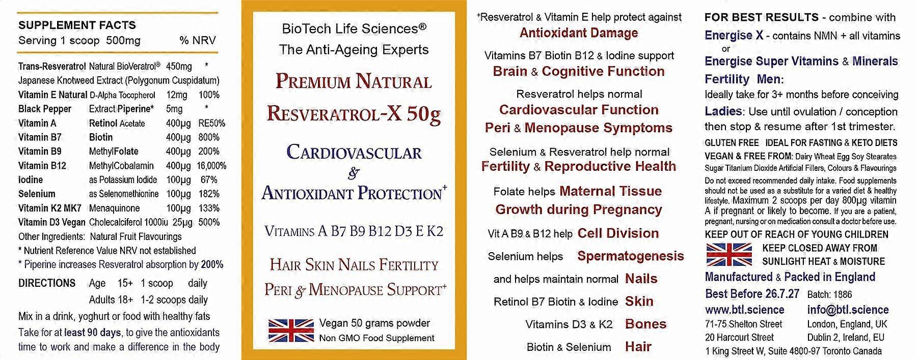 Resveratrol-X + Vit A B7 B9 B12 D3 E K2 Iodine & Selenium 50g