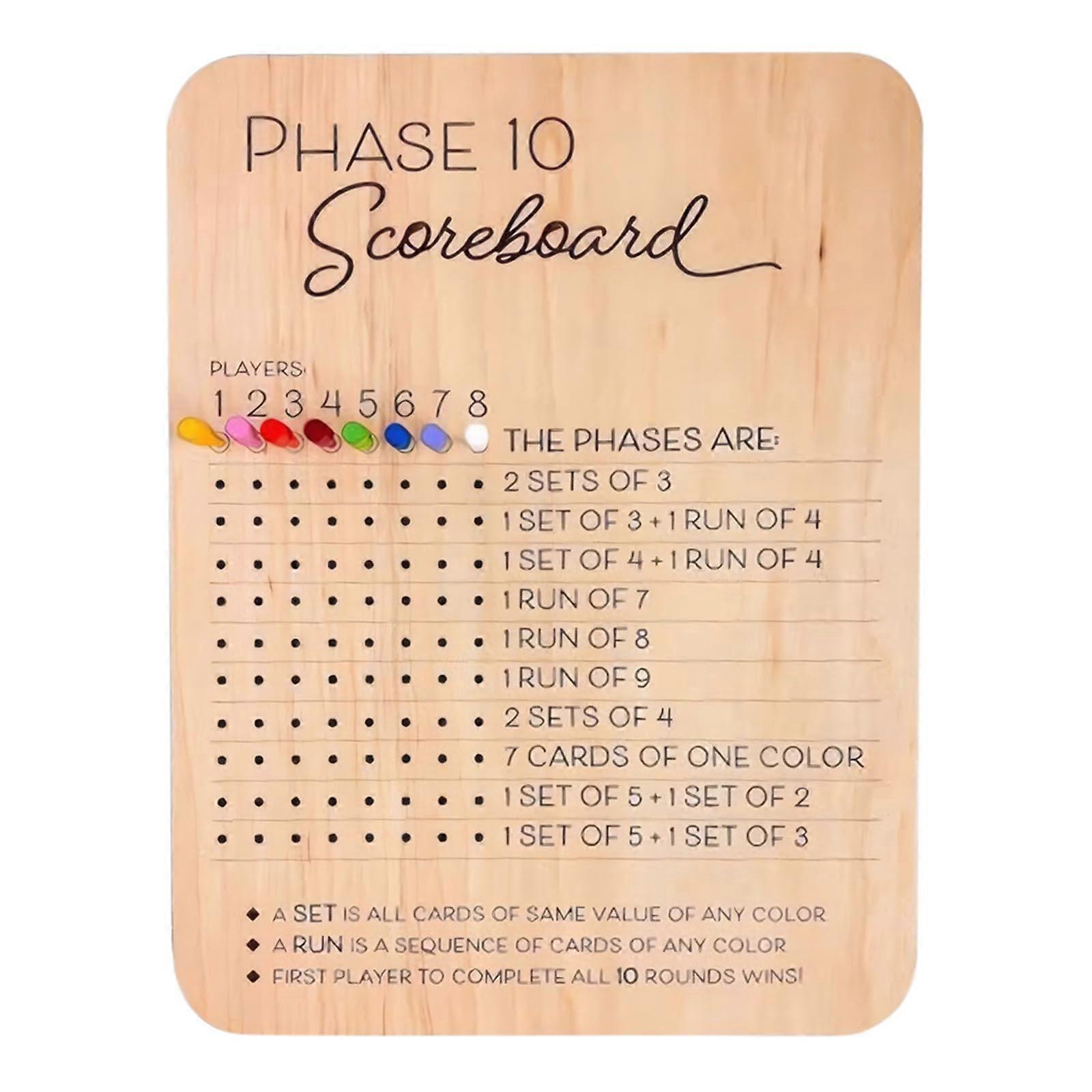 GET Stoop Scoreboard for Phase 10, Wooden Scorecard with 8 Coloured Pens