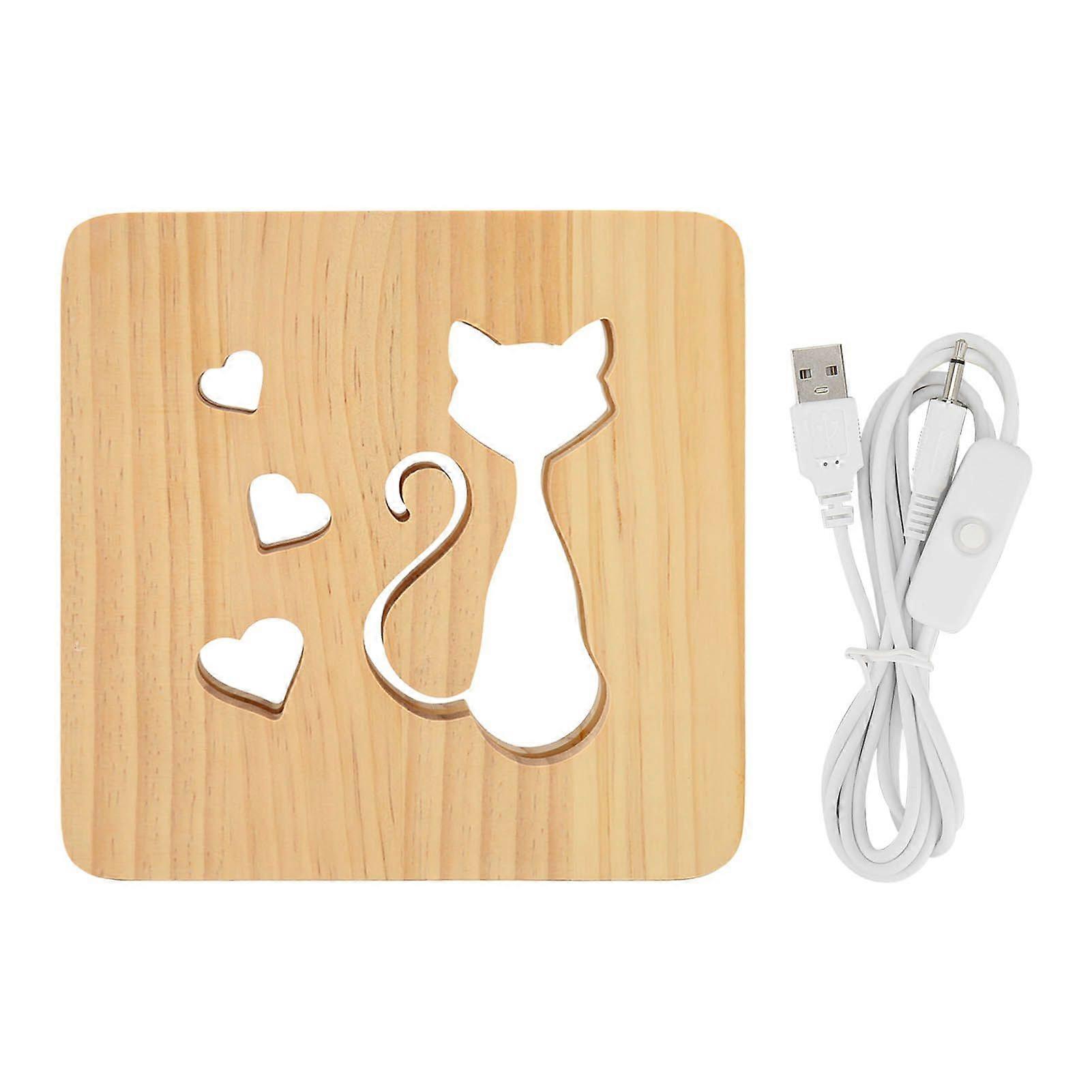 2025 Latest Model  Cat Heart Pattern Night Light Front Back Hollow Wooden 3D