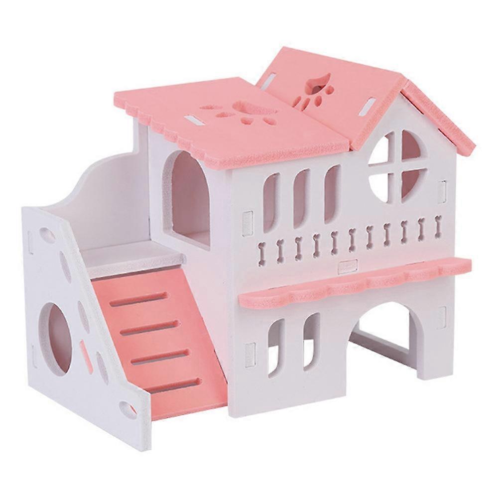 Pink Double-storey Wooden Pet Hut for Hamsters and Small Animals Toys for Home Use